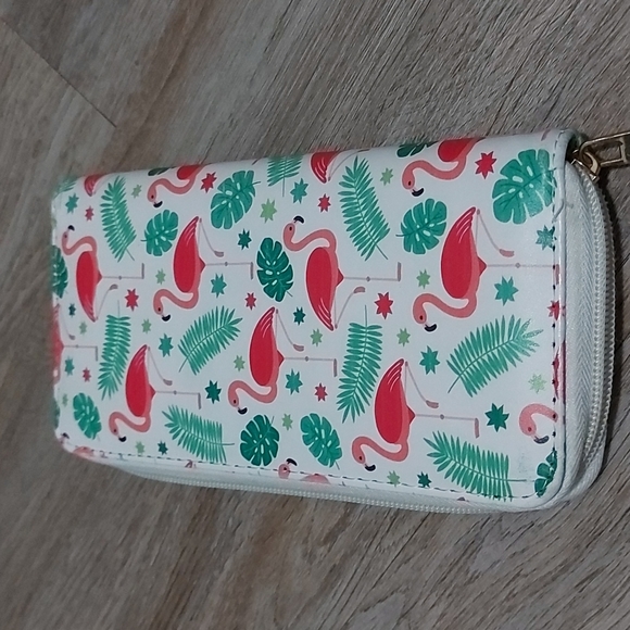 Flamingo pattern zippered wallet, green/pink color - Picture 2 of 5